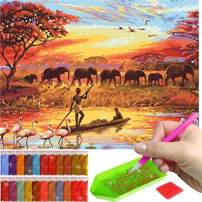 Zdjęcie produktu dla Haft diamentowy ARTULIO - Afrykański pejzaż z słoniami i flamingami - 40 x 30 cm - Diamond painting, Kompletny zestaw: mozaika + akcesoria