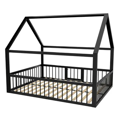 Produktbild von Hausbett mit Lattenrost, Zaun, Tür und Rausfallschutz, 140x200cm, Metallbett, Kinderbett, Doppelbett, Jugendbett