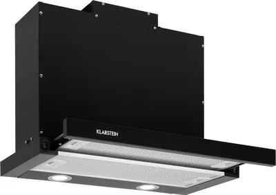 A black under-cabinet range hood is shown against a white background.