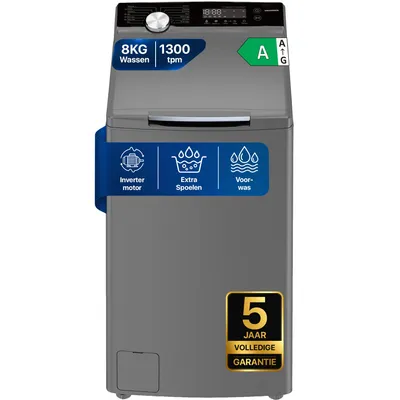 Productafbeelding van Heinner HWM-TL8013IVKSA Bovenlader Wasmachine 8 kg, 1300 tpm, Inverter, Trommelreiniging, Zilver