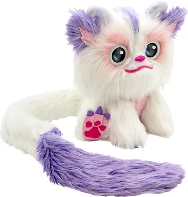 A plush toy with white fur, purple and pink accents, and large blue eyes, presented against a white background.