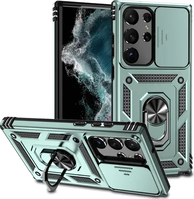 Produktbild von Galaxy S23 Ultra Hülle mit Schiebe Kamera Schutz und Ringhalter Ständer Robust Rüstung Schutzhülle für Samsung Galaxy S23 Ultra Grün
