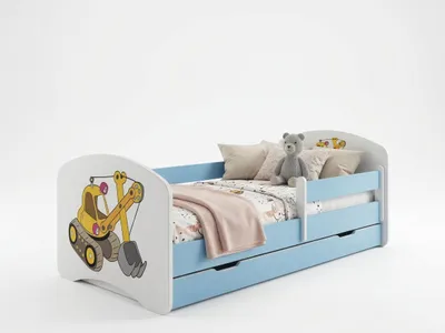 Image de Ensemble complet de lit d'enfant 140 x 70 cm | Lit avec tiroir, matelas et barrière de sécurité | Lit bleu et blanc pour filles et garçons, motif pelleteuse