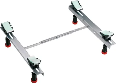 A product shot of a metal bathtub support frame with adjustable legs and green padding.