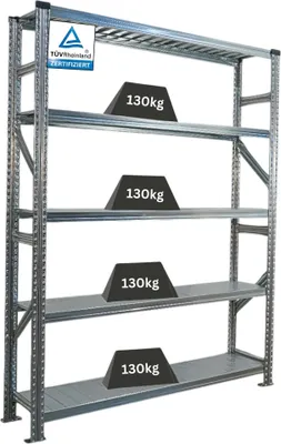 Produktbild von Fachbodenregal PROXIMO mit  Stecksystem | Grundregal | HxBxT 200x150x32cm | 5 Ebenen | Fachlast 130 kg | Beidseitig nutzbar | Verzinkt
