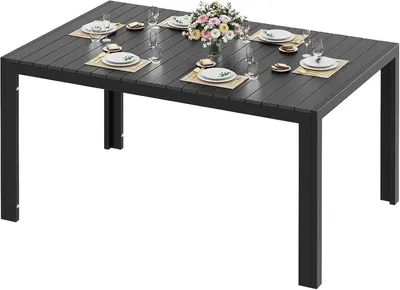 Immagine prodotto di Tavolo da giardino per esterni - Tavolo da pranzo rettangolare - 140×90×75 cm - Struttura in alluminio - Piano in WPC - Per 8 persone - Resistente alle intemperie - Struttura nera, piano grigio chiaro