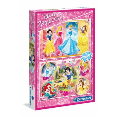 Produktbild von Clementoni 7133 Supercolor Princess – Puzzle 2 x 60 Teile ab 5 Jahren, buntes Kinderpuzzle mit besonderer Leuchtkraft & Farbintensität, Geschicklichkeitsspiel für Kinder