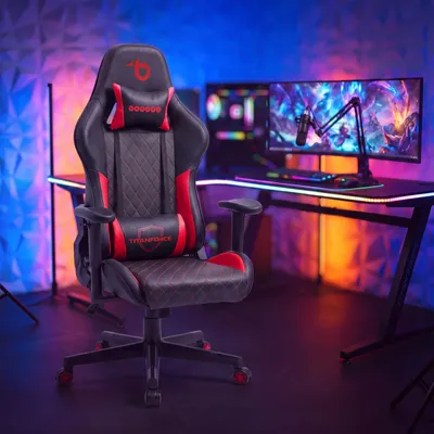 Obrázek produktu pro Hrací židle BEMADA TitanForce – Ergonomické sedadlo z umělé kůže s opěrkou hlavy a bederní páteře – 2D nastavitelné područky – Černá/Červená – 122 x 65 x 53 cm – Maximální nosnost: 110 kg [BMD1124RD], Obrázek vytvořený pomocí AI