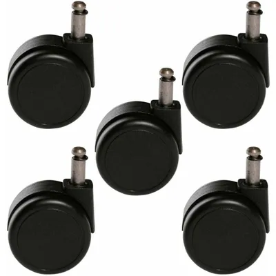 Five black casters are arranged in a scattered pattern against a white background.