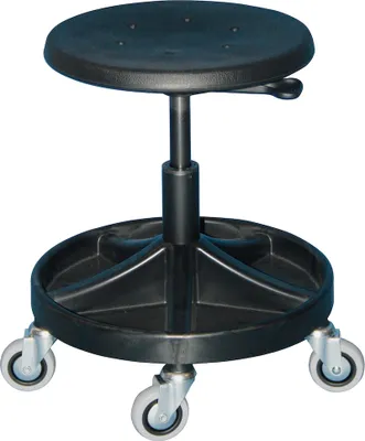 Produktbild von Drehhocker Atlanta | Sitzhöhe 40-53cm | Ø 63cm | Tragfähigkeit 110kg | Polyurethane-Sitz | Kunststof-Fußkreuz mit Ablageschale & Rollen | Hebelauslösung | Schwarz