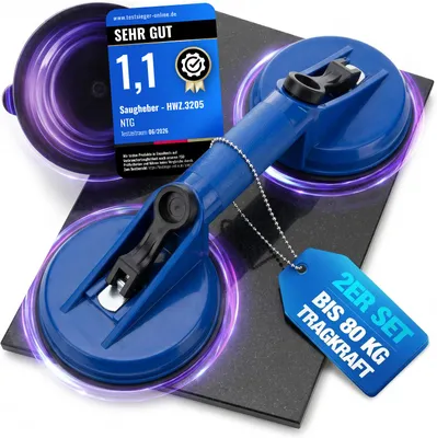 Produktbild von NTG Profi Saugheber 2er Set – Doppelsaugnapf bis 60kg – Glasheber & Fliesenheber mit 118mm Saugteller – Vakuumheber