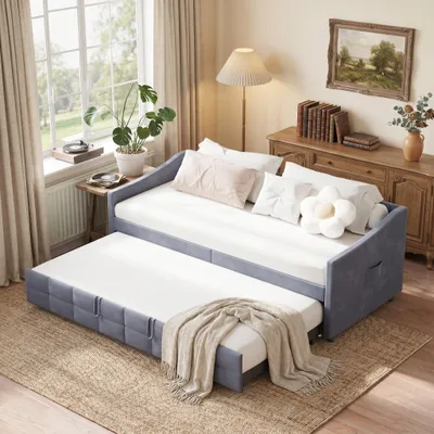 Image de INONEFT, lit de jour 90x200 cm / 180x200 cm, convertible en lit, revêtement en velours, canapé-lit, lit pour enfant avec sommier à lattes et accoudoirs, couleur gris