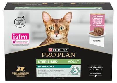 Produktbild von Purina Pro Plan Sterilised Mantainance Nassfutter für Katzen, sterilisiert, Pastete Lachs und Thunfisch, 12 Dosen à 85 g