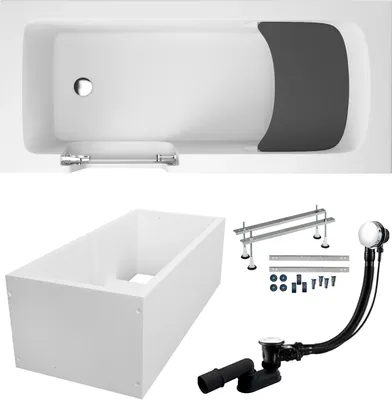 Produktbild von Badewanne Rechteck Set 6in1 160x75 Links mit Wannenträger, Seniorenbadewanne + Glastür und Holzsitz, Premium Ablaufgarnitur und Füßen | BADLAND VOVO