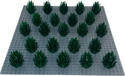 A collection of 25 dark green LEGO bushes arranged on a gray LEGO baseplate.