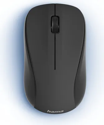 A top-down view of a black wireless computer mouse on a white and light blue gradient background.