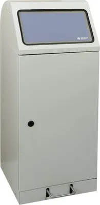 Produktbild von Abfallbehälter mit großem Einwurf & Tütenhalterung & Fußhebel | 70 Liter, HxBxT 100x40x38cm | Feuer- & Geruchshemmend | Lichtgrau mit Klappenaufkleber in 3 Farben