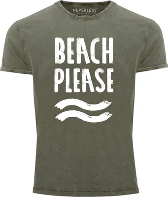 Produktbild von Cooles Angesagtes Herren T-Shirt Vintage Shirt Beach Please Urlaub Strand Aufdruck Used Look Slim Fit Neverless® oliv L
