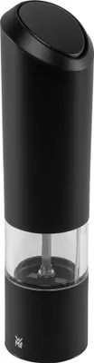 A black electric salt and pepper grinder with a clear lower section.