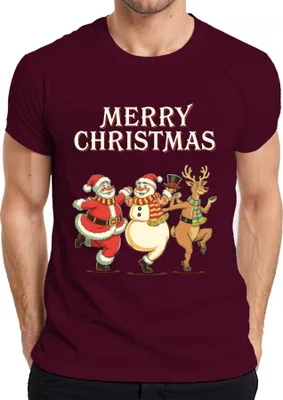 Produktbild von MERRY CHRISTMAS Weihnachtsmann Schneemann Rentier tanzend Vintage Herren T-Shirt, Burgundy, 3XL