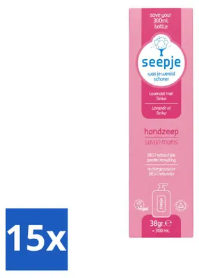 Imagen del producto de 15 unidades de recambio de jabón líquido para manos Seepje, aroma lavanda y tonka, 38 g cada uno. Paquete económico