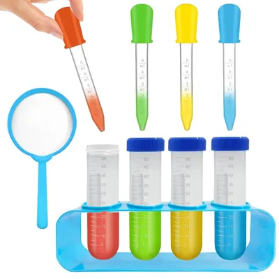 Produktbild von Reagenzglas Experimentierset Kinder Chemiebaukasten - 4 Reagenzgläser mit Pipetten - 50 ml - Blau, Gelb, Grün und Orange - Farbmischexperimente für Kinder