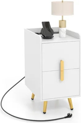 Zdjęcie produktu dla Stolik nocny ze stacją ładującą, 2 szuflady, porty USB, biały