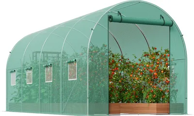 Image de SucceBuy Serre tunnel accessible, 14,6 x 6,4 x 6,3 pieds grande serre en film plastique, serre tunnel pour plantes avec cadre en acier galvanisé, couverture en PE vert