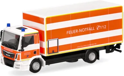 Produktbild von Herpa 098076 - 1/87 MAN TGM Koffer-LKW mit Ladebordwand "Feuerwehr Düsseldorf"