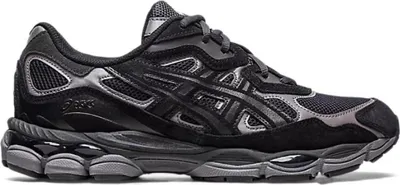 A studio shot of a single black ASICS sneaker.