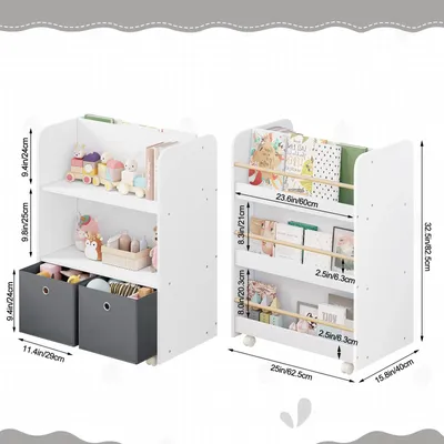 Produktbild von Kinder-Bücherregal auf Rollen - Bücherregal und Bücherwagen - Doppelseitig - Mit Aufbewahrungsboxen - Eiche - 62,5x40x82,5 cm - Kita & Kinderzimmer - Elfenbeinweiß