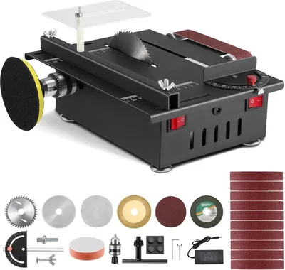 Immagine prodotto di Mini sega circolare da tavolo - Sega da tavolo con levigatrice a nastro - 300 W - Portatile - 4 lame - Per il fai da te e la lavorazione del legno - Nero