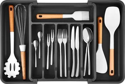 Image de Organisateur de tiroir compact avec compartiment à couverts réglable en plastique