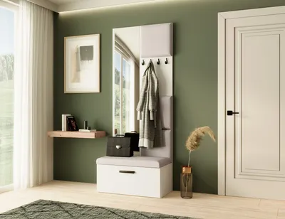 Produktbild von Garderobe MARGARET III, Farbe: Weiß + Hellbeige, mit gepolsterten Paneelen, Spiegel und Kleiderhaken