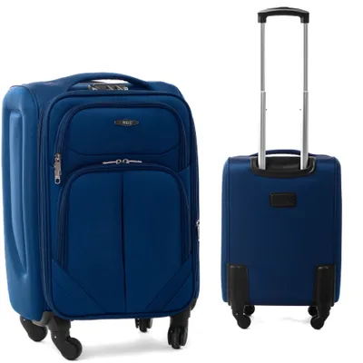 Two views of a blue suitcase against a white background.