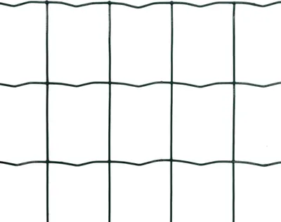 A close-up view of green wire mesh fencing against a white background.