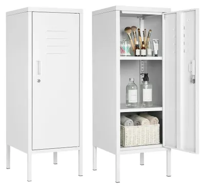 Produktbild von Metallschrank - Schmaler Spind 100 cm - Abschließbarer Stahlschrank - 2 verstellbare Einlegeböden - Für Zuhause, Schule, Fitnessstudio, Garage - Weiß