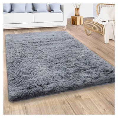 Produktbild von Hochflor Teppich für das Wohnzimmer, rutschfest, Shaggy, weich, modern, Kunstfell, einfarbig, Größe: 60x100 cm, Farbe: Grau