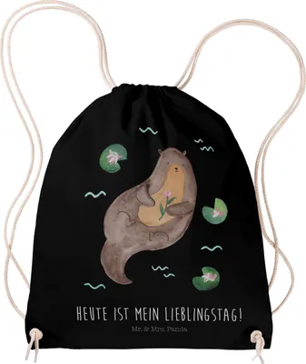 Produktbild von Mr. & Mrs. Panda Turnbeutel Otter Seerose - Schwarz - Geschenk, sporttasche klein, Fluss, wander rucksack, Sportbeutel, Lieblingstag, Beutel, Jutebeutel, Wasser, Seeotter