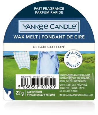 Produktbild von Yankee Candle Clean Baumwolle, andere, Weiß, Moschus, Vetivergras, Zeder, Moschus, Maiglöckchen, Rose, Bergamotte, Frisches Grün, 70 mm, 30 mm