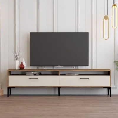 Image de Skye Decor, meuble TV moderne en aggloméré 100 % mélaminé, 180 x 35 x 47 cm, noyer et crème | Épaisseur : 18 mm | Un design élégant pour votre intérieur.