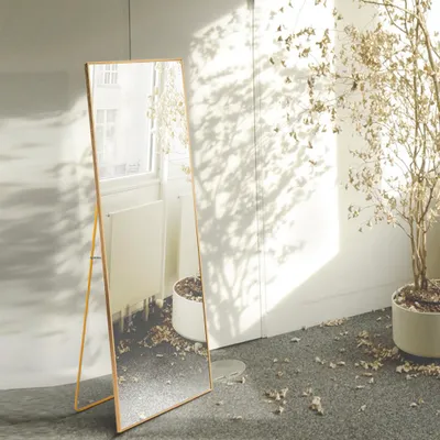 Immagine prodotto di Specchio a figura intera 150 x 40 cm, specchio indipendente con cornice singola, grande specchio da parete con gancio, oro