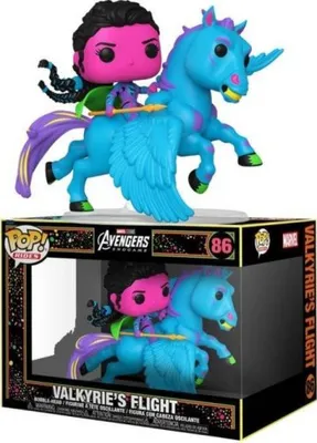 A Funko Pop! Rides collectible figure of Valkyrie riding a winged horse, displayed in its packaging.