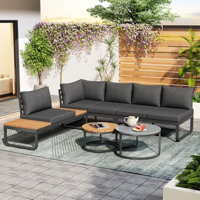 Produktbild von okwish Zahradní nábytek set, Zahradní nábytek set (4-5 míst), Balkonový nábytek set, pozinkovaný ocelový rám, nastavitelnými nohami a polštáři, Šedá