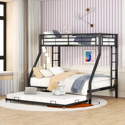 Produktbild von Etagenbett, Metallbett mit ausziehbarem Bett & Leiter auf beiden Seiten, für Kinder, Jugendliche & Erwachsene, einfache Montage, 90/140×200 cm, Schwarz
