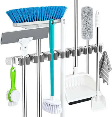 Produktbild von Besenhalter für Wand, 7 Halter + 2 Haken, Wandmontage, 304 Edelstahl, Selbstklebend, für Küche