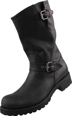 Auf dem Bild ist ein schwarzer Stiefel zu sehen der in einem klassischen Design gehalten ist. Der Stiefel wird von der linken Seite gezeigt und präsentiert eine auffällige Silhouette mit einem markanten Absatz.