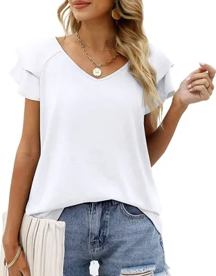 Produktbild von ASKSA Damen T-Shirt Kurzarm V-Ausschnitt Rüsche Sommer Basic Oberteil Casual Loose Tunika Tops, Weiß, L