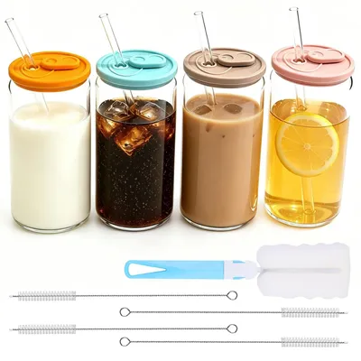 4er Set Borosilikat-Trinkgläser 500 ml mit Deckel & Strohhalm