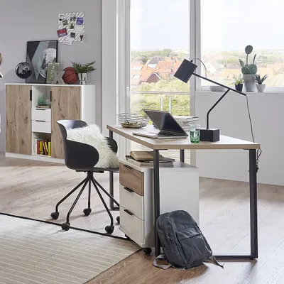 Produktbild von Jugendzimmer-Set 3-teilig in weiß mit Eiche, mit Schreibtisch 140 cm breit, Metallkufen NOLI-43